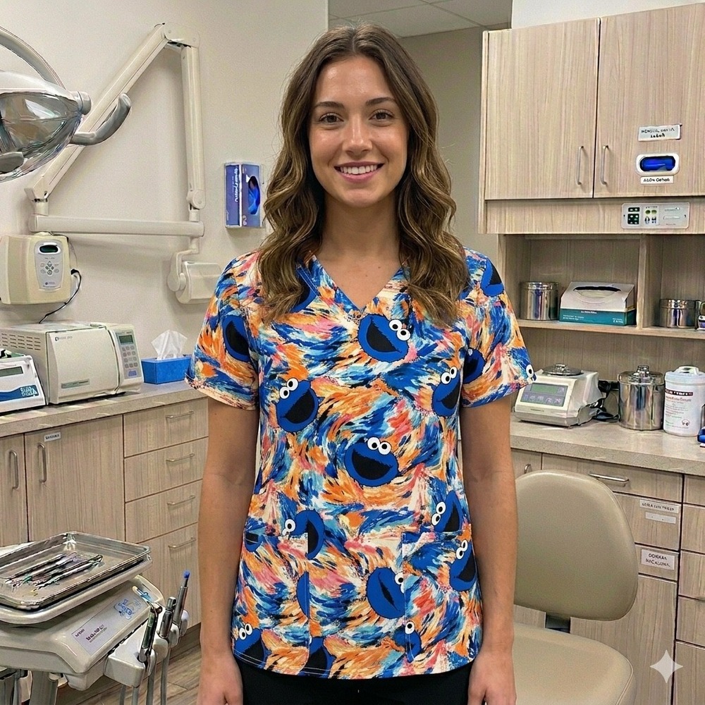 Cherokee Tooniforms Scrub Top Womens Medium Blue Cookie Monster TF738 **NEW**